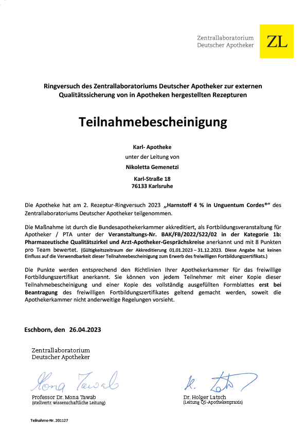 Zertifikat Harnstoff 4 % in Unguentum Cordes - Karl Apotheke